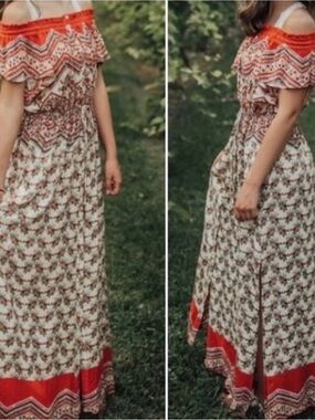 Patrons of Peace Off-Shoulder Maxi Dress in Red and Cream